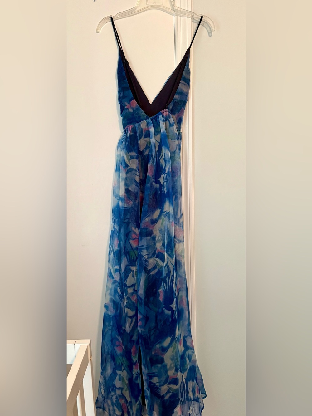 Lulu’s blue floral floor length dress. Spaghetti straps